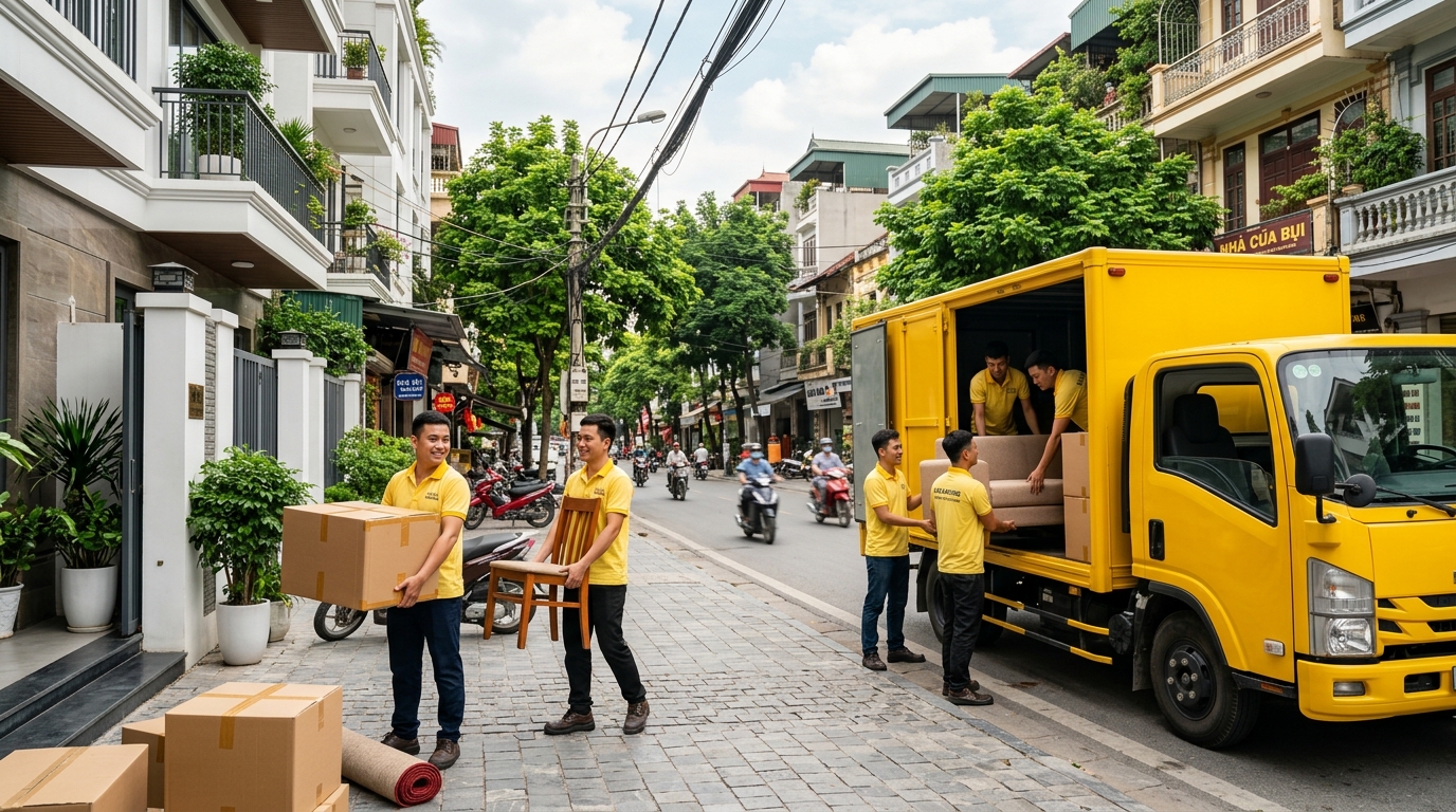 Bốc xếp đồ gỗ, sofa lên xe tải Kiến Vàng tại phố Hà Nội