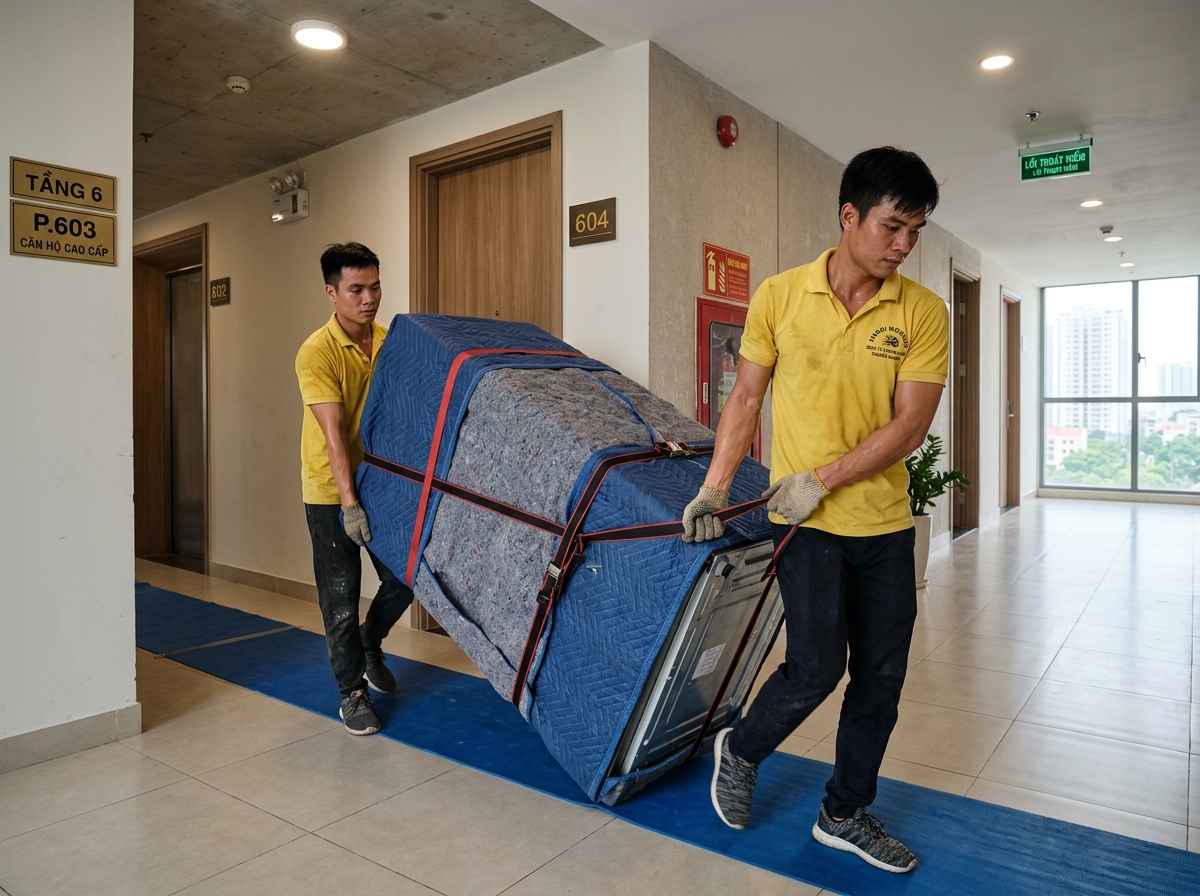 Vận chuyển tủ lạnh, máy giặt bằng đai chuyên dụng chống trầy