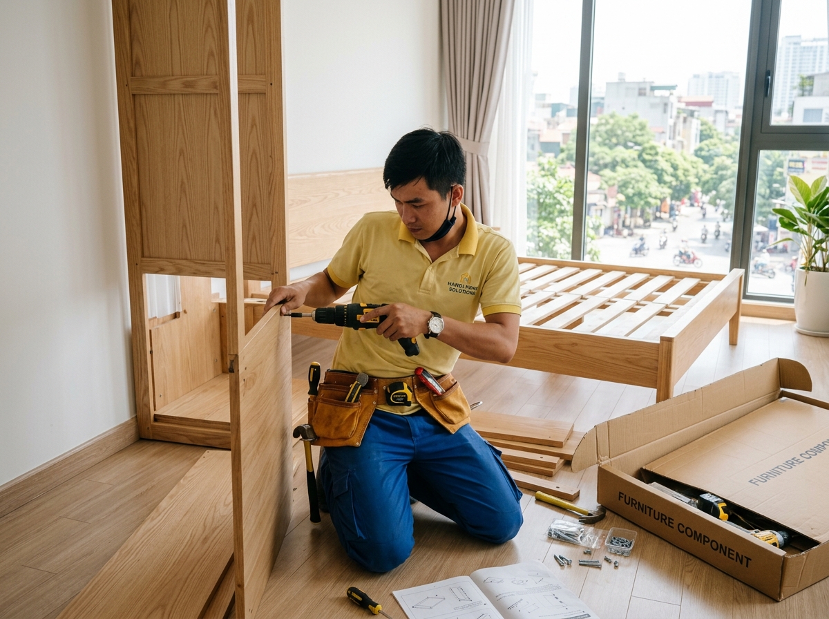 Thợ kỹ thuật tháo lắp giường tủ hoàn thiện tại nhà mới